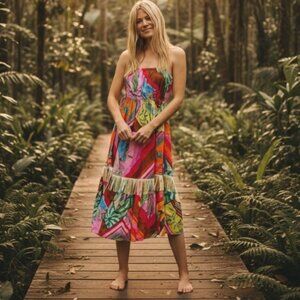 Farm Rio Anthropologie Palila Fringed Midi Sun Dress Beaded Multicolor Satin L